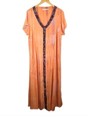 Soft Surroundings Sunset Bali Maxi Dress Sz 1X V Neck Batik Kaftan Resortwear